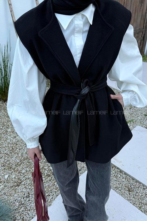 Lamelif Bağlamalı Kaşe Yelek Siyah