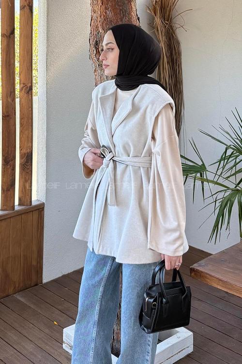 Lamelif Bağlamalı Kaşe Yelek Taş Rengi