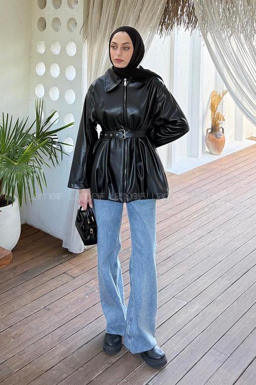 Lamelif Deri Trençkot Siyah