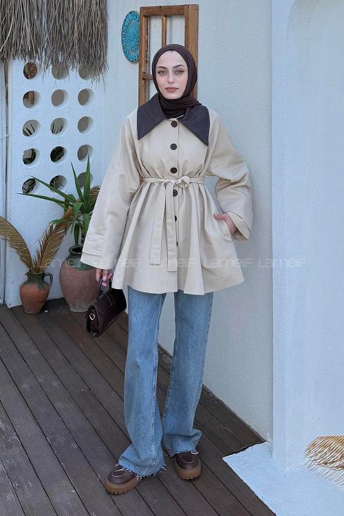 Lamelif Garni Yaka Trençkot Bej