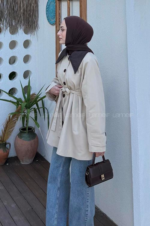 Lamelif Garni Yaka Trençkot Bej
