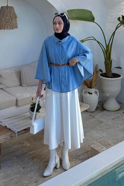 Light Blue Neckband Polyester Poncho