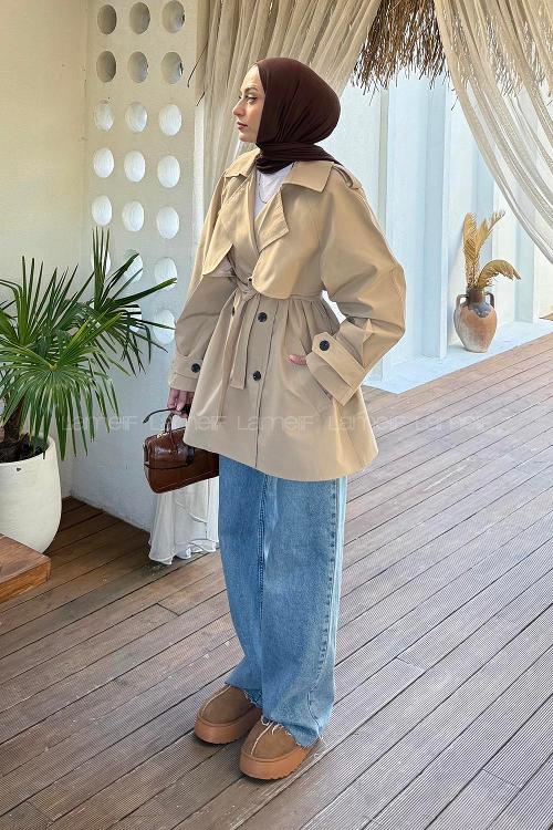 Lamelif Omuz Apoletli Kısa Trençkot Bej