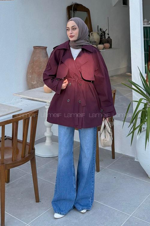 Lamelif Omuz Apoletli Kısa Trençkot Bordo