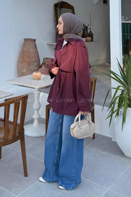 Lamelif Omuz Apoletli Kısa Trençkot Bordo