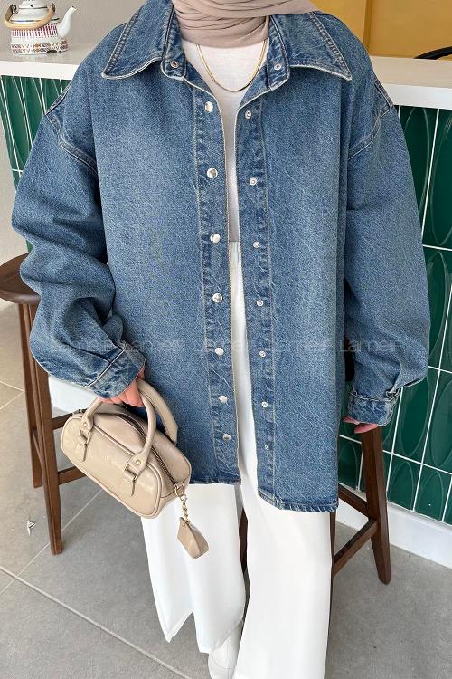 Lamelif Oversize Denim Gömlek Kot Mavisi