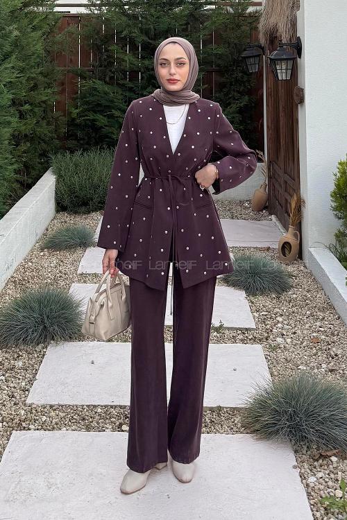 Plum V Neck Long Arm Cotton Regular Trousers Material Suit