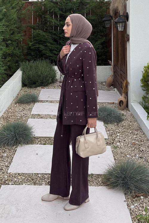 Plum V Neck Long Arm Cotton Regular Trousers Material Suit