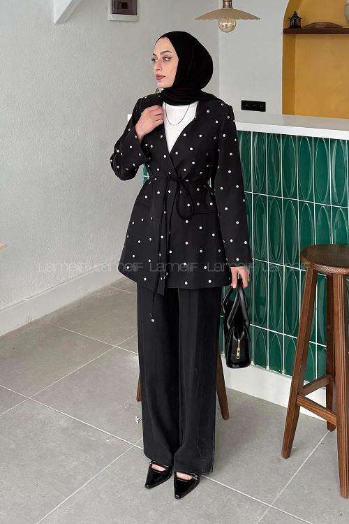 Lamelif Zımba Detaylı Pantolon-Ceket Takım Siyah