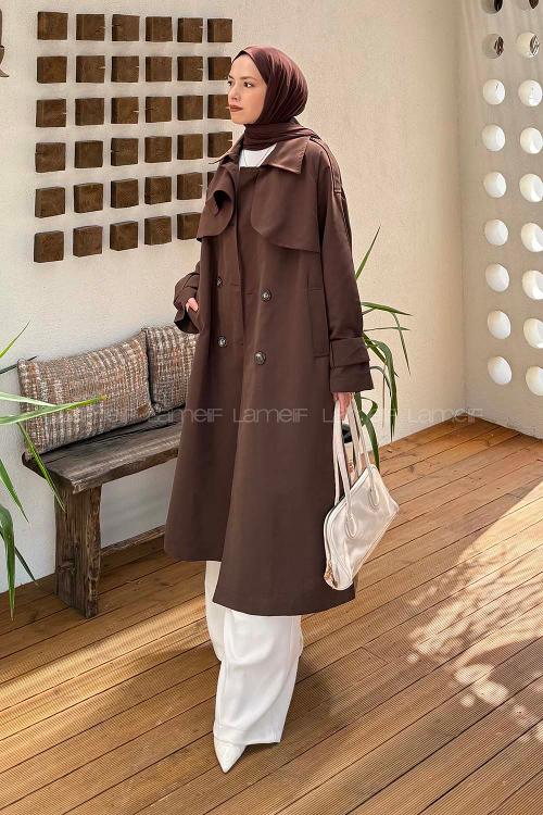 Lamelif Cep Yaka Trençkot Acı Kahve