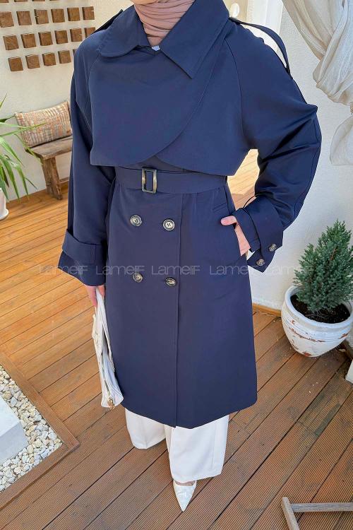 Lamelif Cep Yaka Trençkot Lacivert