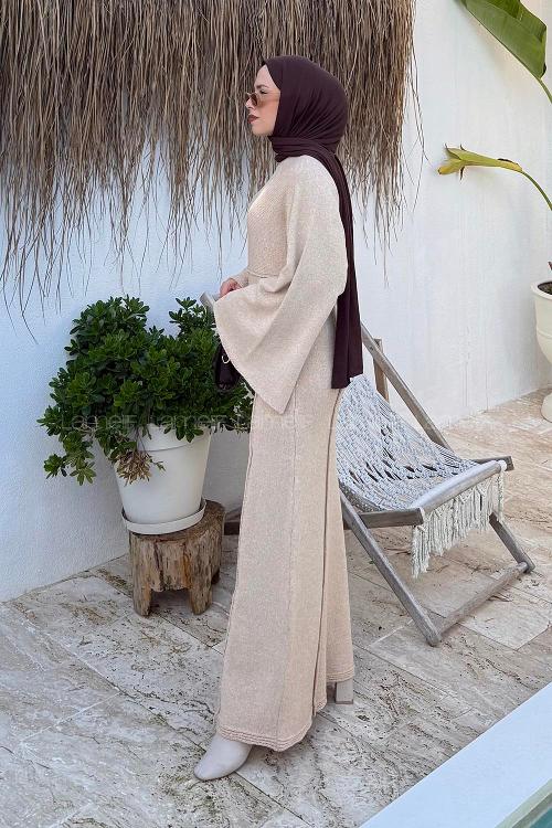 Lamelif Craç İplik Tesettür Elbise Camel