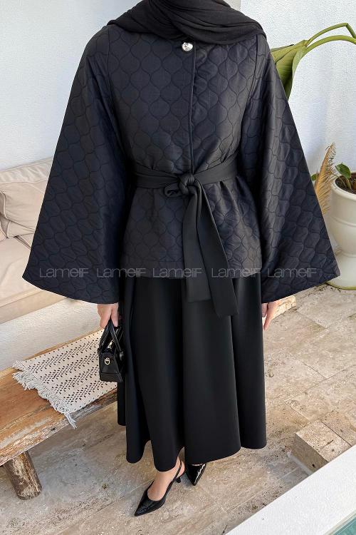 Black Crew Neck Long Arm Polyester Flared Skirt Suit