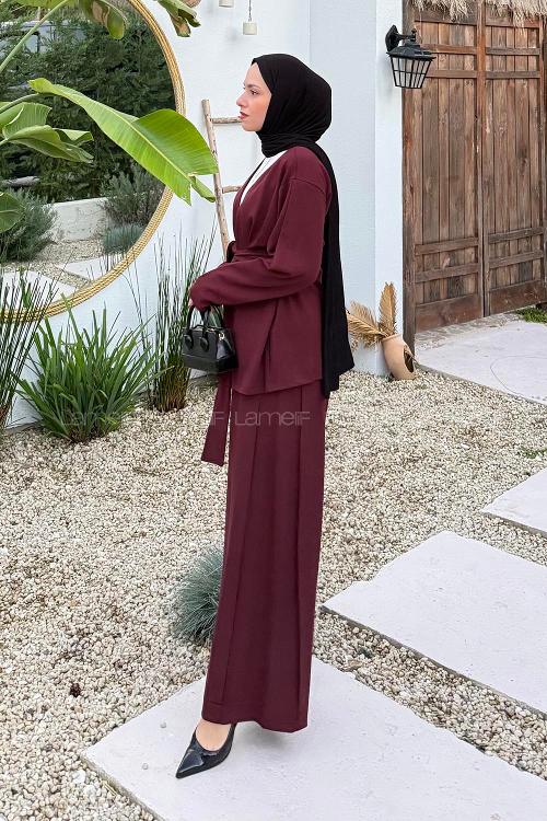 Claret Red V Neck Long Arm Poplin Fabric Comfortable Suit