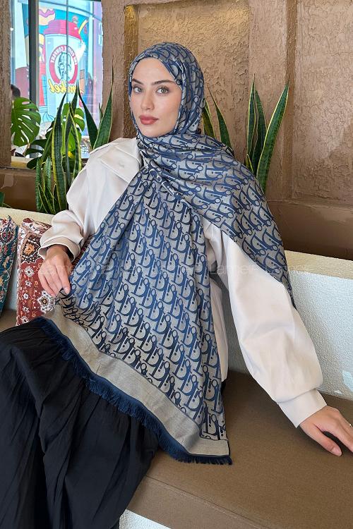 Lamelif Dior Desen Kaşmir Çift Taraflı Şal Gece Mavisi