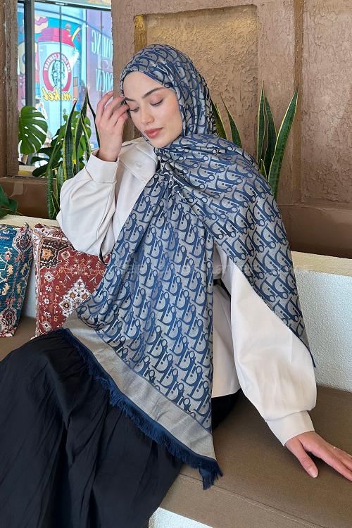 Lamelif Dior Desen Kaşmir Çift Taraflı Şal Gece Mavisi