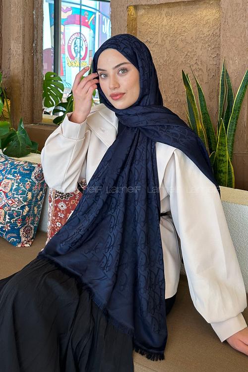 Lamelif Dior Desen Kaşmir Çift Taraflı Şal Lacivert