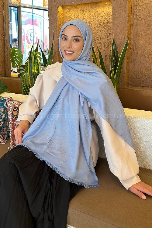 Lamelif Etnik Retro Desen Kaşmir Çift Taraflı Şal Bebe Mavisi