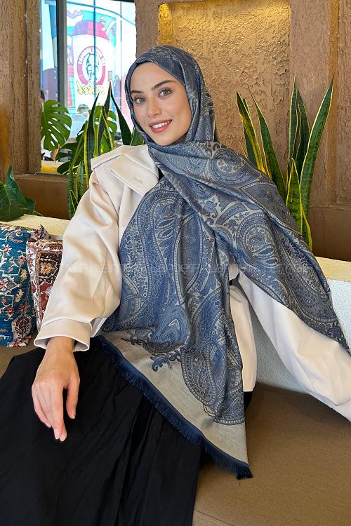 Midnight Blue Cotton Fabric Cashmere Striped Printed Shawl