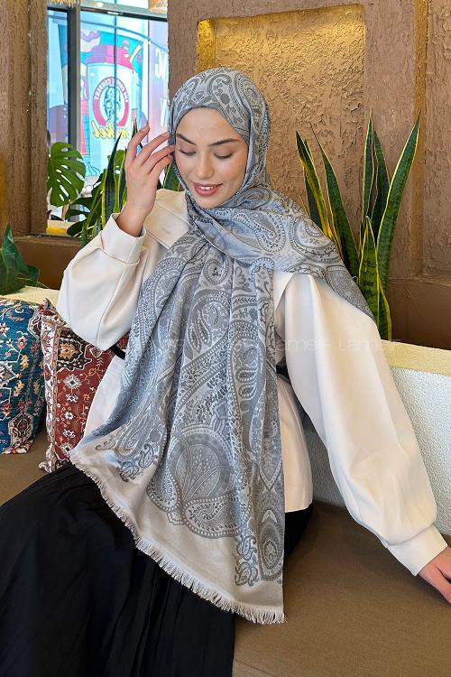 Lamelif Etnik Retro Desen Kaşmir Çift Taraflı Şal Gri Antrasit