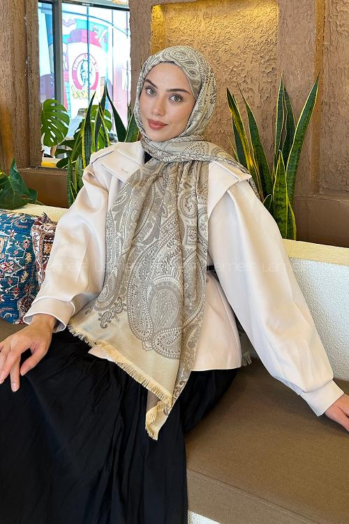 Lamelif Etnik Retro Desen Kaşmir Çift Taraflı Şal Soft Kahve Bej