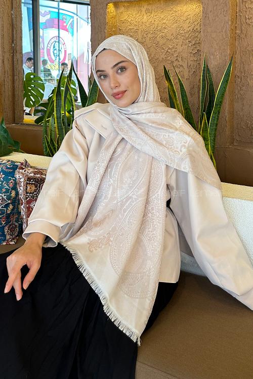 Lamelif Etnik Retro Desen Kaşmir Çift Taraflı Şal Vizon