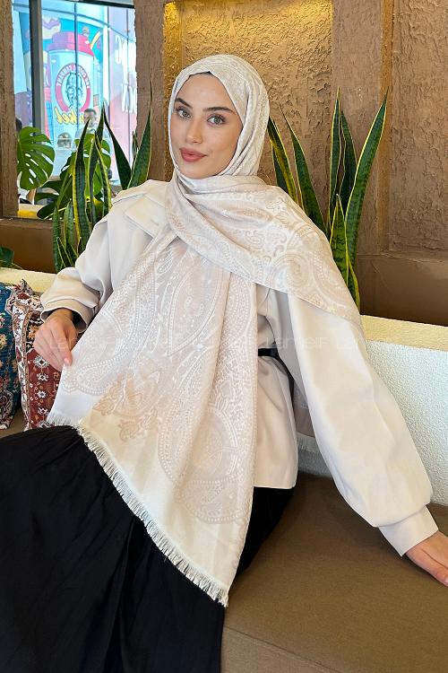 Lamelif Etnik Retro Desen Kaşmir Çift Taraflı Şal Vizon