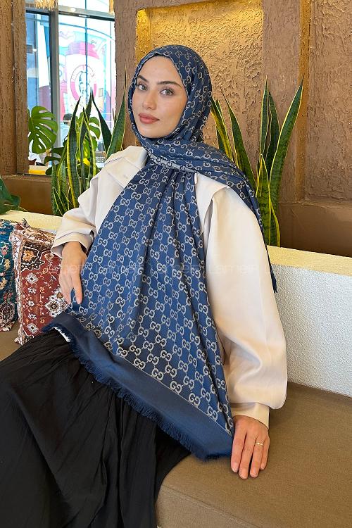 Lamelif G Desen Kaşmir Çift Taraflı Şal Gece Mavisi