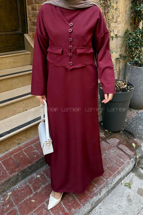 Lamelif Düğme Detaylı Jileli Takım Bordo