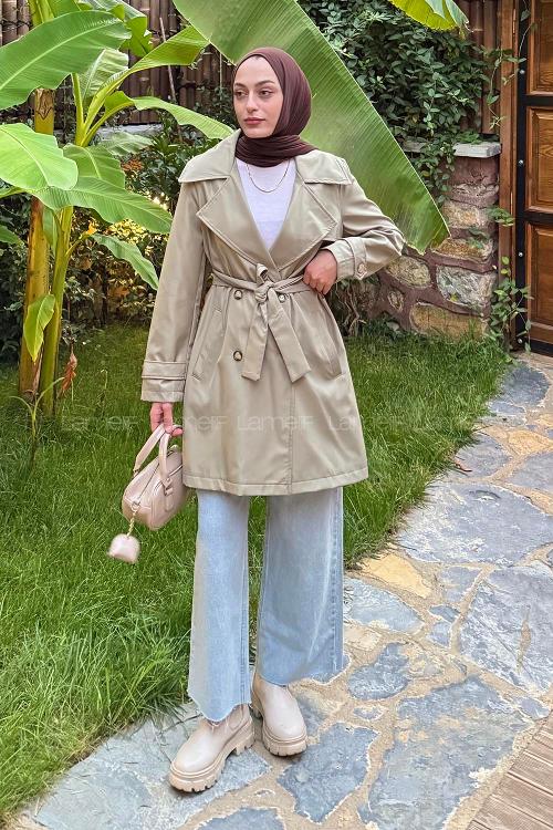 Lamelif Kol Kemerli Kısa Trençkot Haki