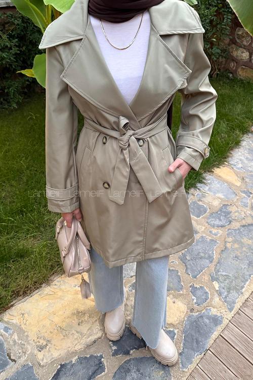 Lamelif Kol Kemerli Kısa Trençkot Haki