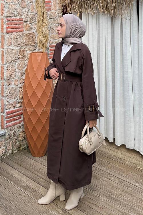 Lamelif Kol Kemerli Trençkot Acı Kahve