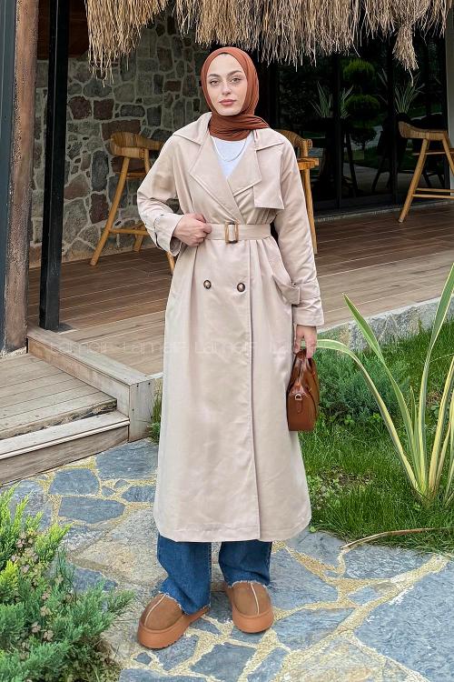 Beige Long Arm Belted Cotton Trench Coat