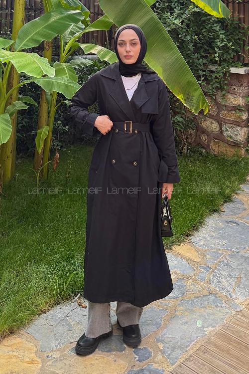 Lamelif Kol Kemerli Trençkot Siyah