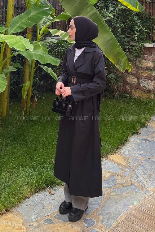 Lamelif Kol Kemerli Trençkot Siyah