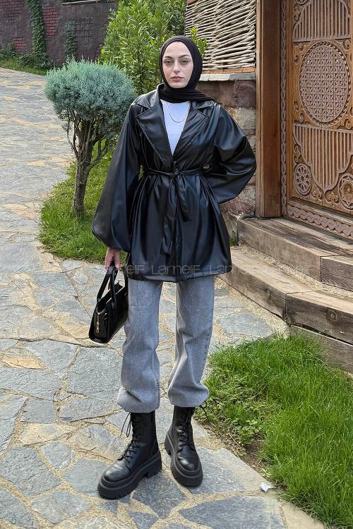 Lamelif Bağlama Detaylı Deri Mont Siyah