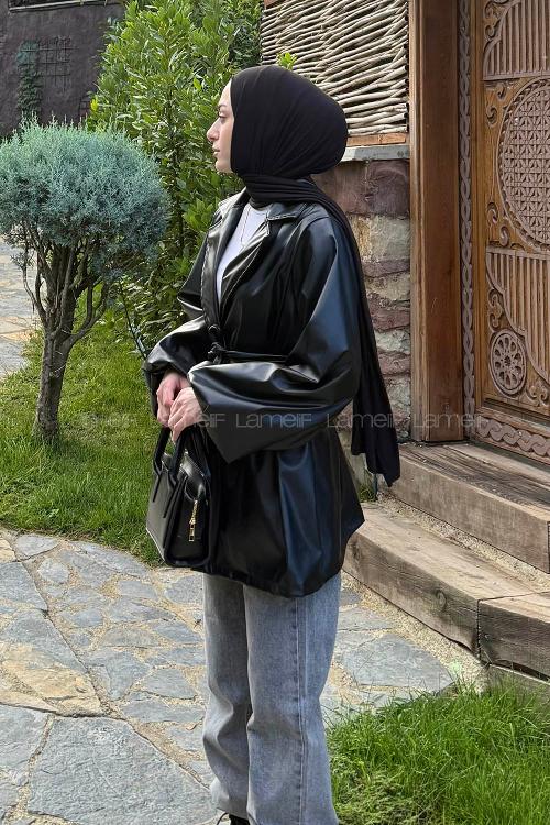 Lamelif Bağlama Detaylı Deri Mont Siyah