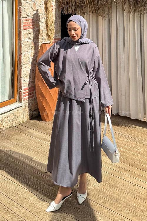 Lamelif Bağlama Detaylı Etekli Takım Antrasit