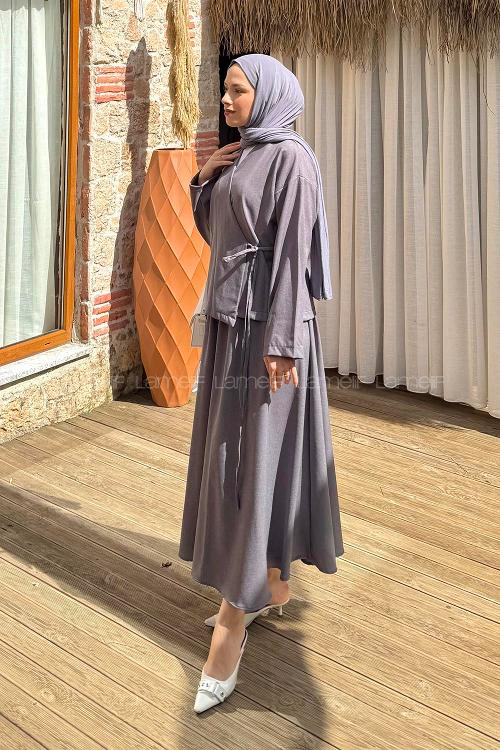 Lamelif Bağlama Detaylı Etekli Takım Antrasit