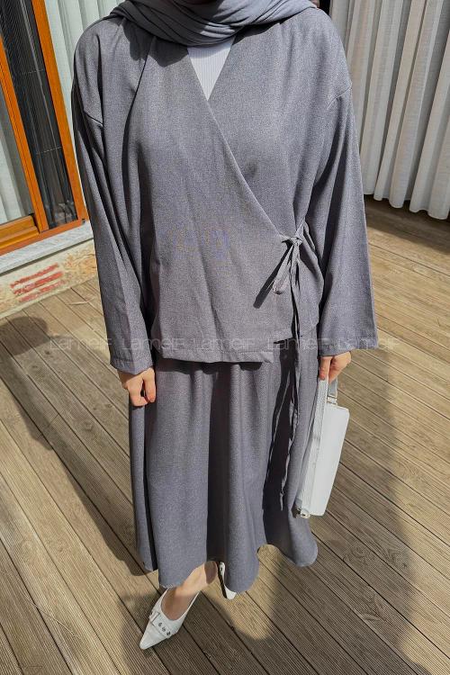 Lamelif Bağlama Detaylı Etekli Takım Antrasit