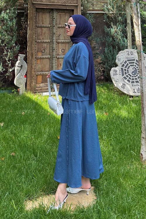 Lamelif Bağlama Detaylı Etekli Takım İndigo