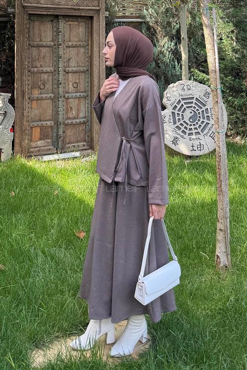 Lamelif Bağlama Detaylı Etekli Takım Vizonrengi