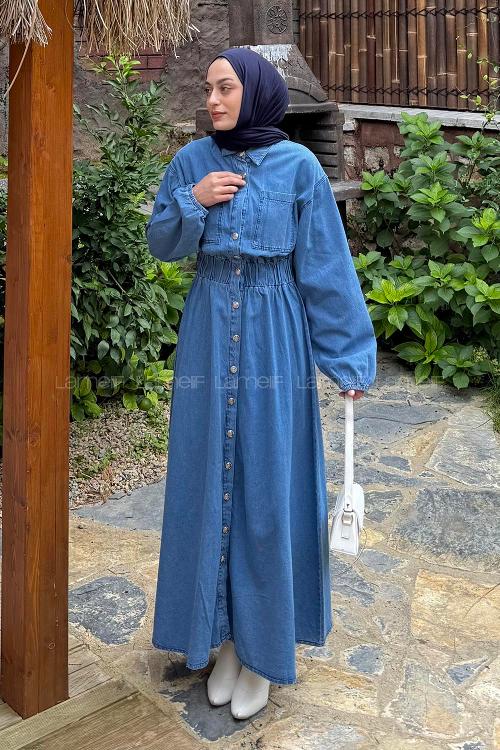 Lamelif Beli Lastikli Kot Elbise Kot Mavisi