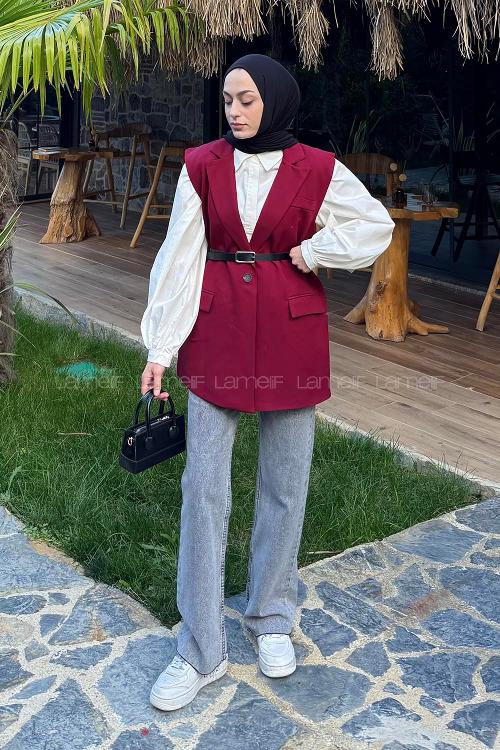 Lamelif Cep Detaylı Yelek Bordo