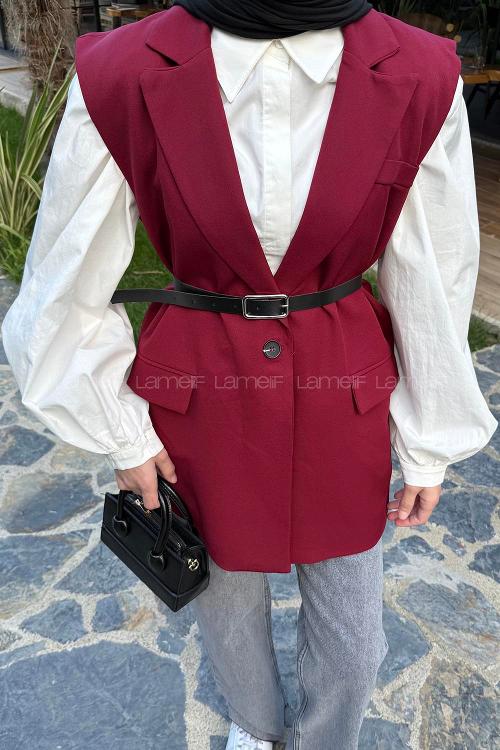 Lamelif Cep Detaylı Yelek Bordo