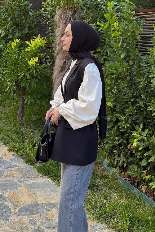 Lamelif Cep Detaylı Yelek Siyah