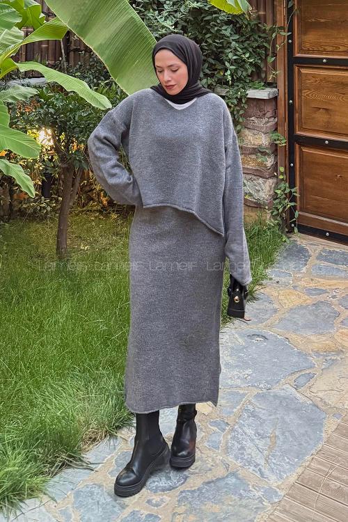 Lamelif Etekli Triko Takım Antrasit