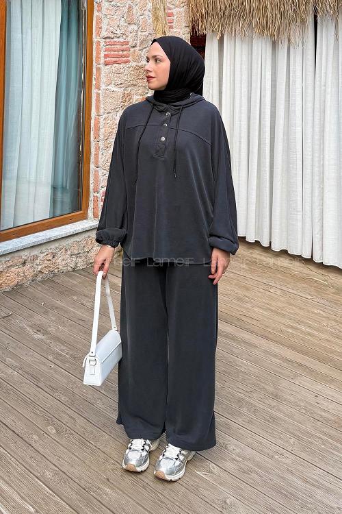 Lamelif Kapüşonlu Roba Detaylı Takım Antrasit