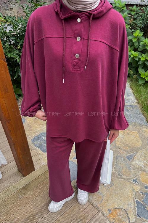 Lamelif Kapüşonlu Roba Detaylı Takım Bordo