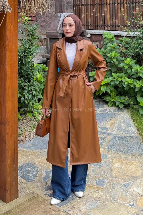 Lamelif Kuşaklı Deri Trençkot Camel